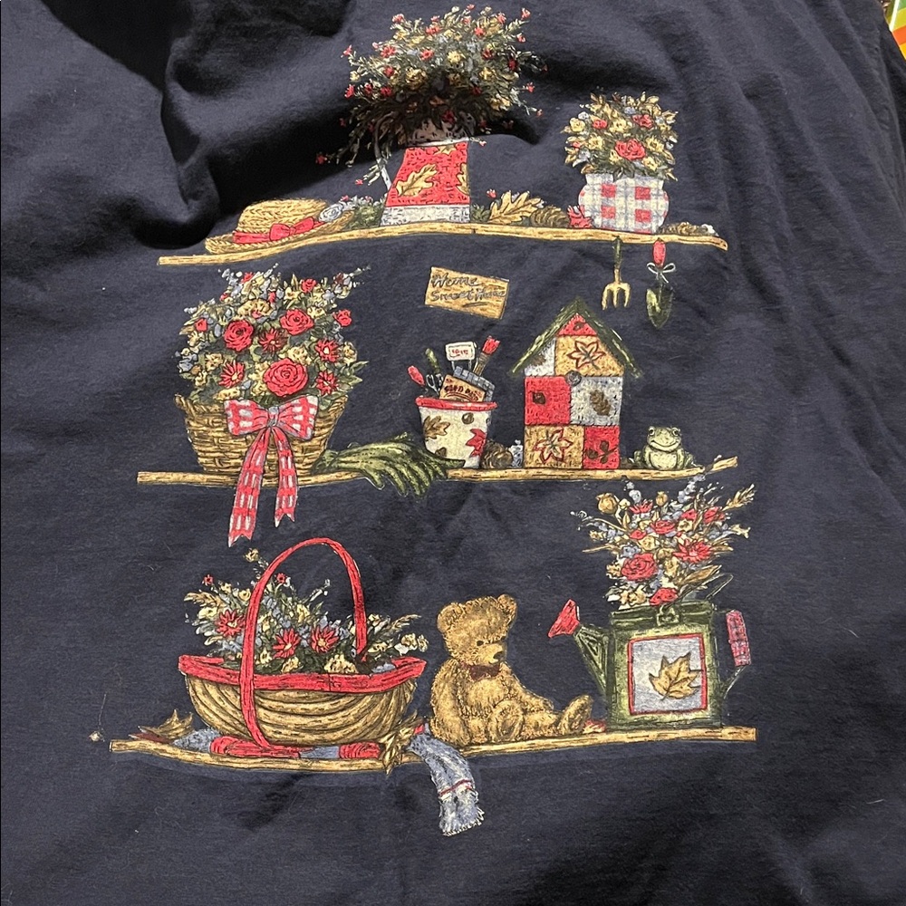 Vintage nwt sz 2X Basic Editions Blue Tee with Floral and Teddy Bear Motif